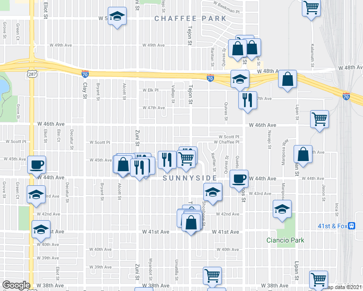 map of restaurants, bars, coffee shops, grocery stores, and more near 2100 West Scott Place in Denver