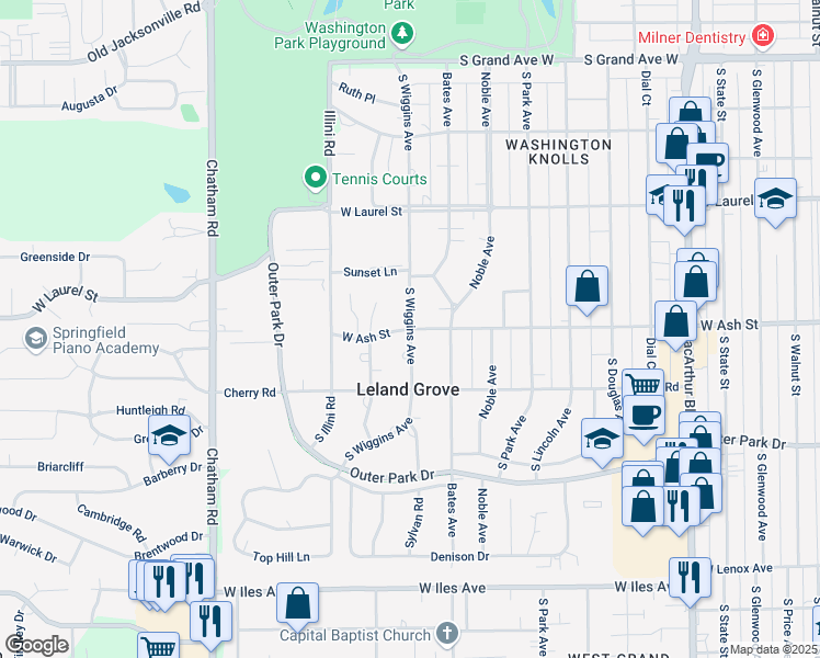 map of restaurants, bars, coffee shops, grocery stores, and more near 1700 West Ash Street in Leland Grove
