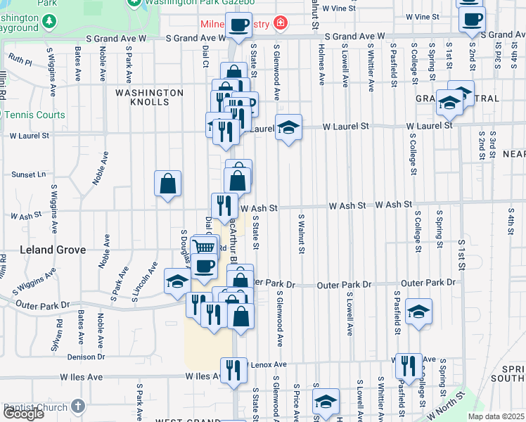 map of restaurants, bars, coffee shops, grocery stores, and more near 2001-2133 South State Street in Springfield