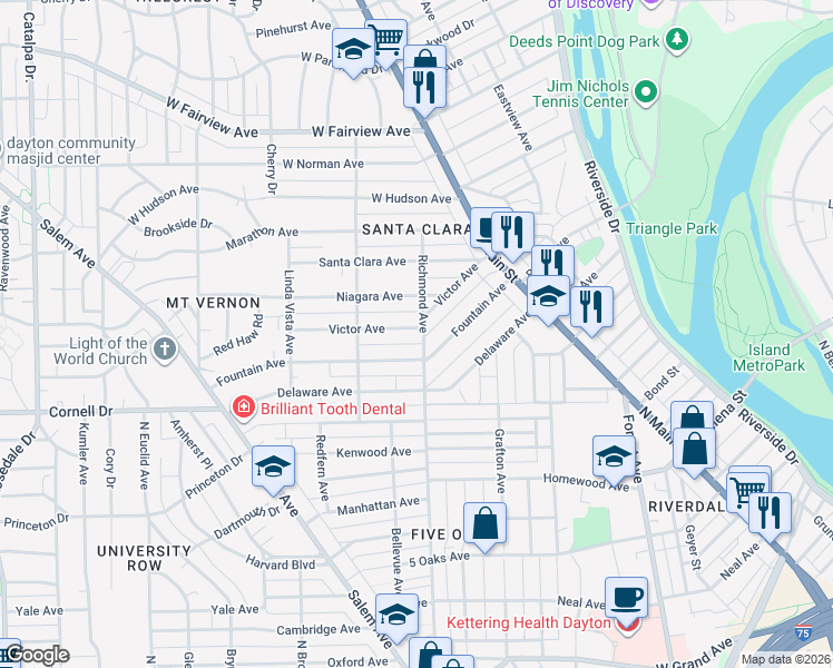 map of restaurants, bars, coffee shops, grocery stores, and more near 100 Victor Avenue in Dayton