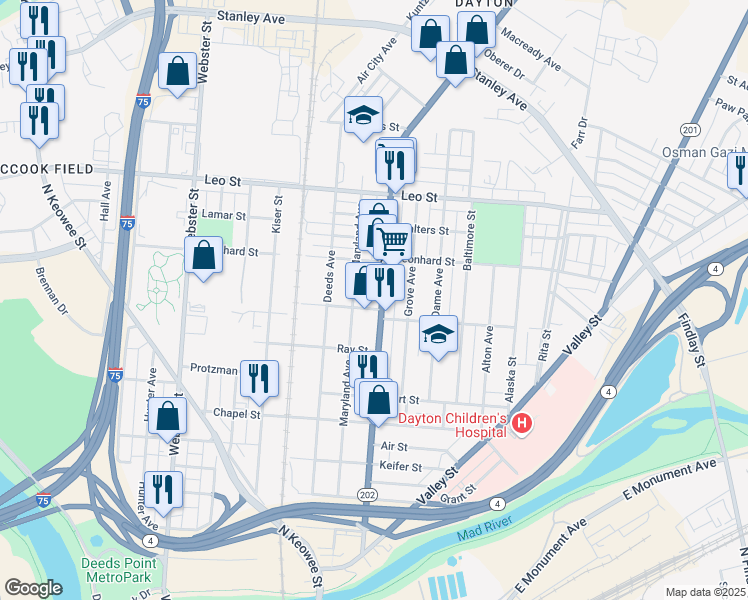map of restaurants, bars, coffee shops, grocery stores, and more near 701 Troy Street in Dayton