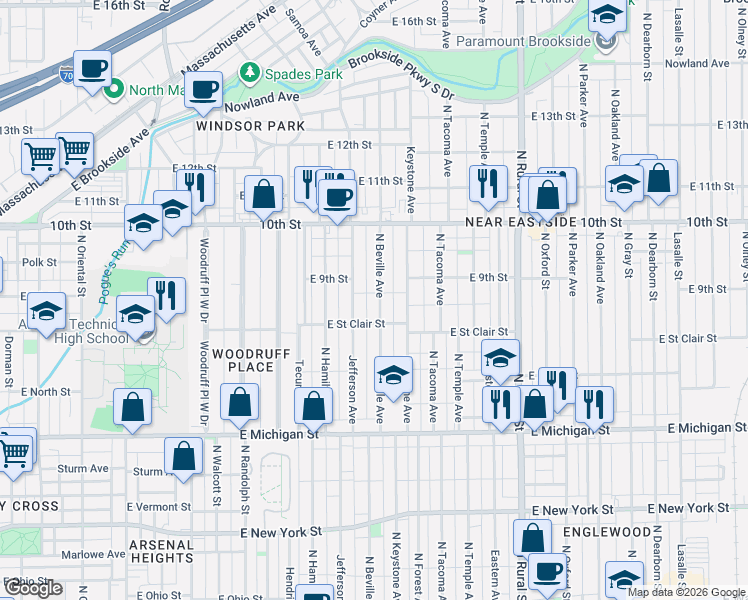 map of restaurants, bars, coffee shops, grocery stores, and more near 815 North Beville Avenue in Indianapolis