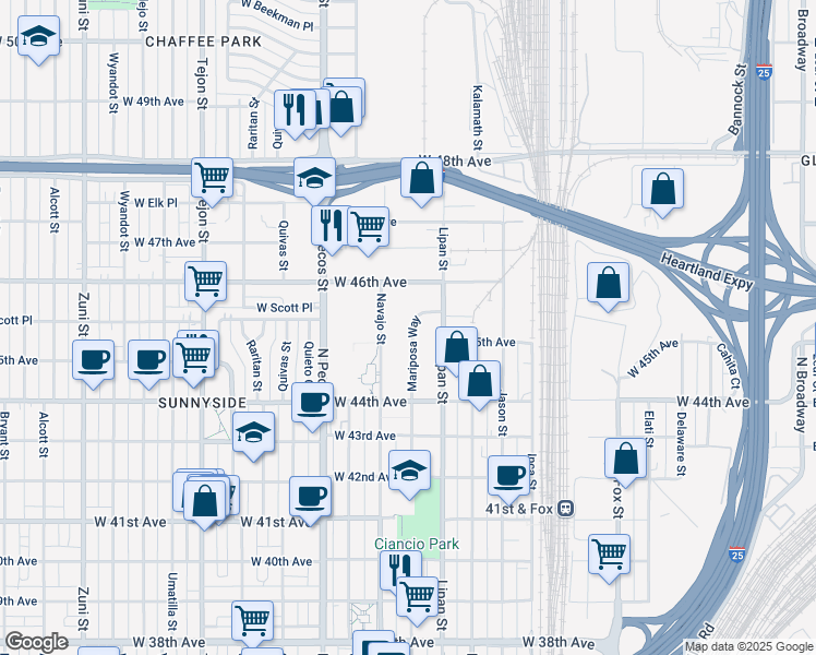 map of restaurants, bars, coffee shops, grocery stores, and more near 4539 Mariposa Way in Denver