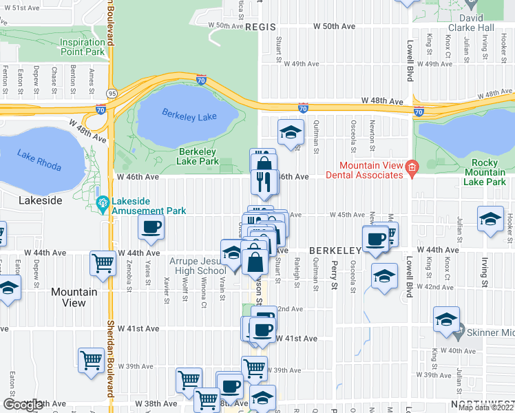 map of restaurants, bars, coffee shops, grocery stores, and more near 4500 Tennyson Street in Denver