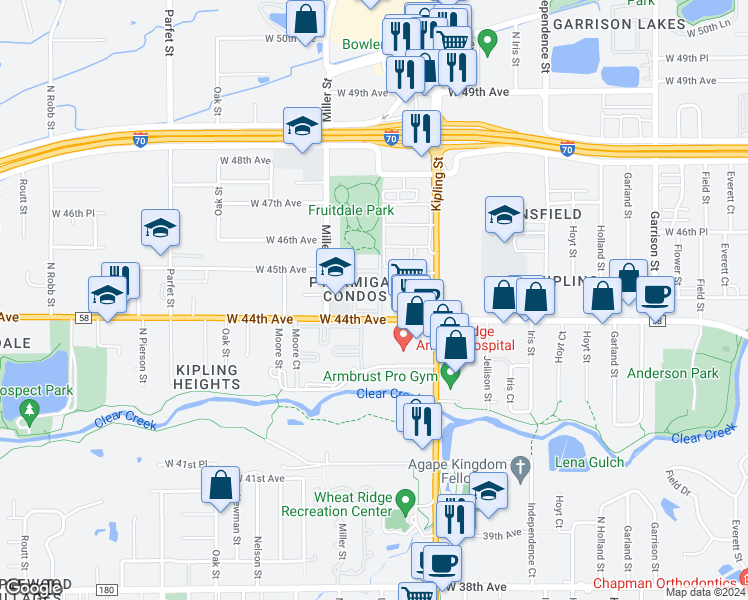 map of restaurants, bars, coffee shops, grocery stores, and more near 10 Lee Street in Wheat Ridge