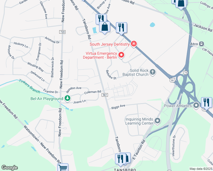 map of restaurants, bars, coffee shops, grocery stores, and more near 198 County Road 561 in Berlin