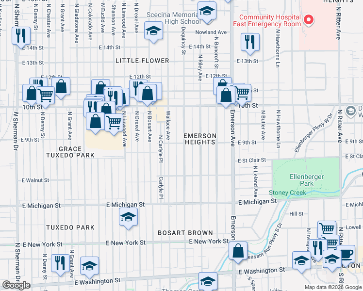map of restaurants, bars, coffee shops, grocery stores, and more near 762 Dequincy Street in Indianapolis