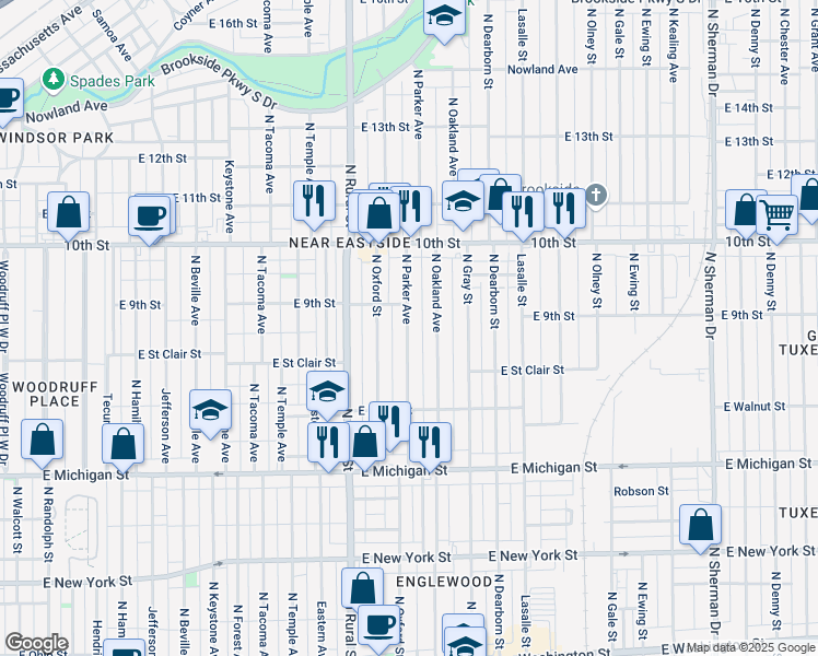 map of restaurants, bars, coffee shops, grocery stores, and more near 824 North Oakland Avenue in Indianapolis