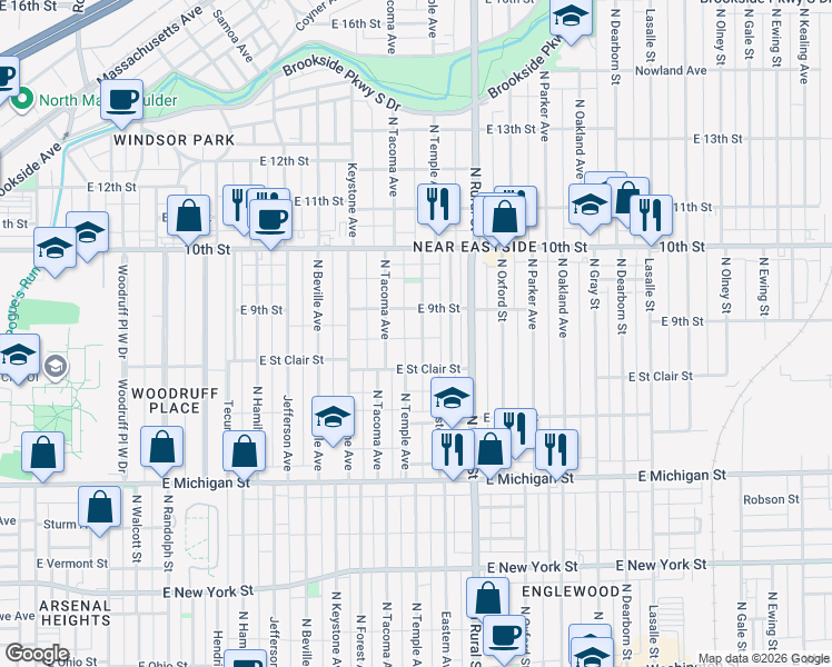 map of restaurants, bars, coffee shops, grocery stores, and more near 827 North Tacoma Avenue in Indianapolis