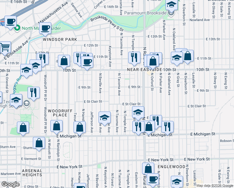 map of restaurants, bars, coffee shops, grocery stores, and more near 825 Keystone Avenue in Indianapolis