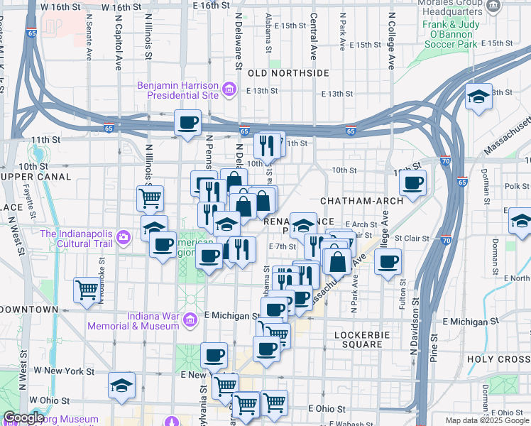 map of restaurants, bars, coffee shops, grocery stores, and more near 820n North Alabama Street in Indianapolis