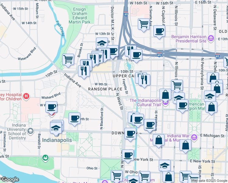 map of restaurants, bars, coffee shops, grocery stores, and more near 811 Doctor Martin Luther King Junior Street in Indianapolis
