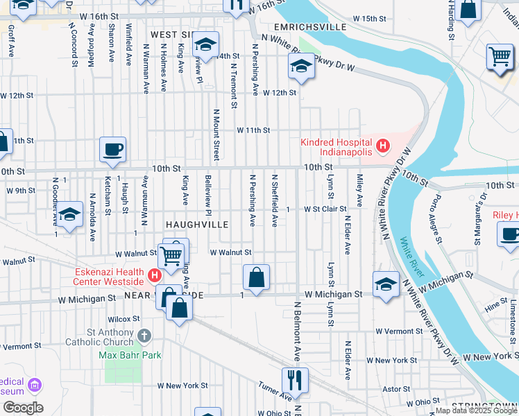 map of restaurants, bars, coffee shops, grocery stores, and more near 764 North Sheffield Avenue in Indianapolis