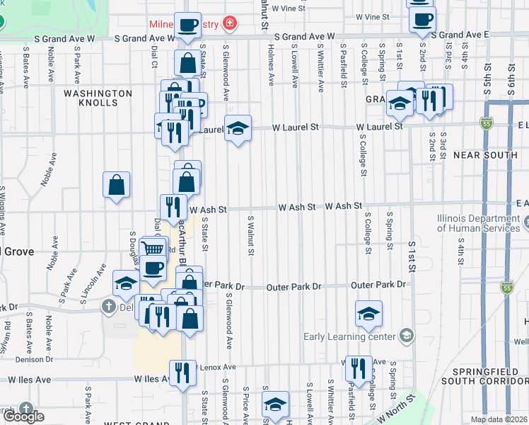 map of restaurants, bars, coffee shops, grocery stores, and more near 2004-2008 South Walnut Street in Springfield