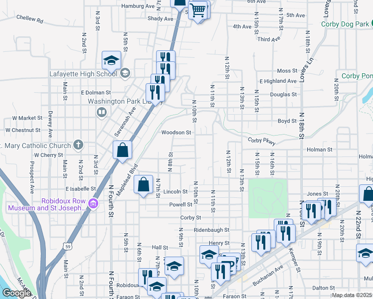 map of restaurants, bars, coffee shops, grocery stores, and more near 817 Pendleton Street in Saint Joseph