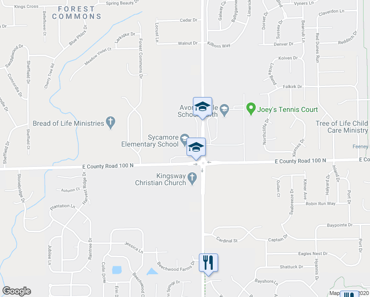 map of restaurants, bars, coffee shops, grocery stores, and more near 7878 East County Road 100 North in Avon