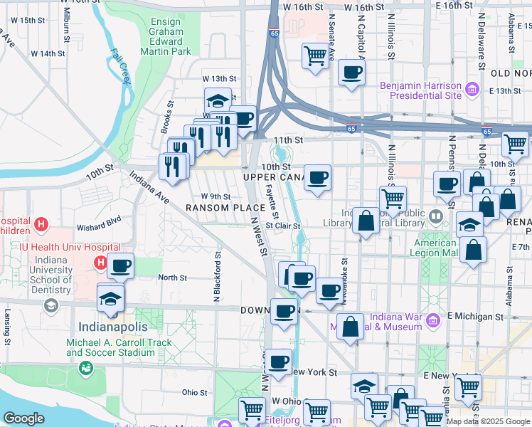map of restaurants, bars, coffee shops, grocery stores, and more near 811 Doctor Martin Luther King Junior Street in Indianapolis