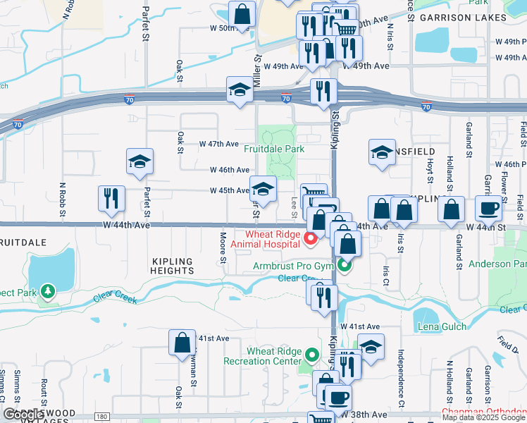 map of restaurants, bars, coffee shops, grocery stores, and more near 10399 West 44th Avenue in Wheat Ridge