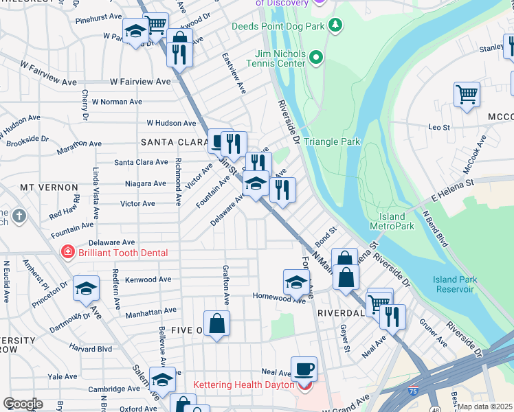 map of restaurants, bars, coffee shops, grocery stores, and more near 1721 North Main Street in Dayton