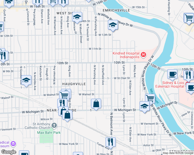 map of restaurants, bars, coffee shops, grocery stores, and more near 764 North Sheffield Avenue in Indianapolis
