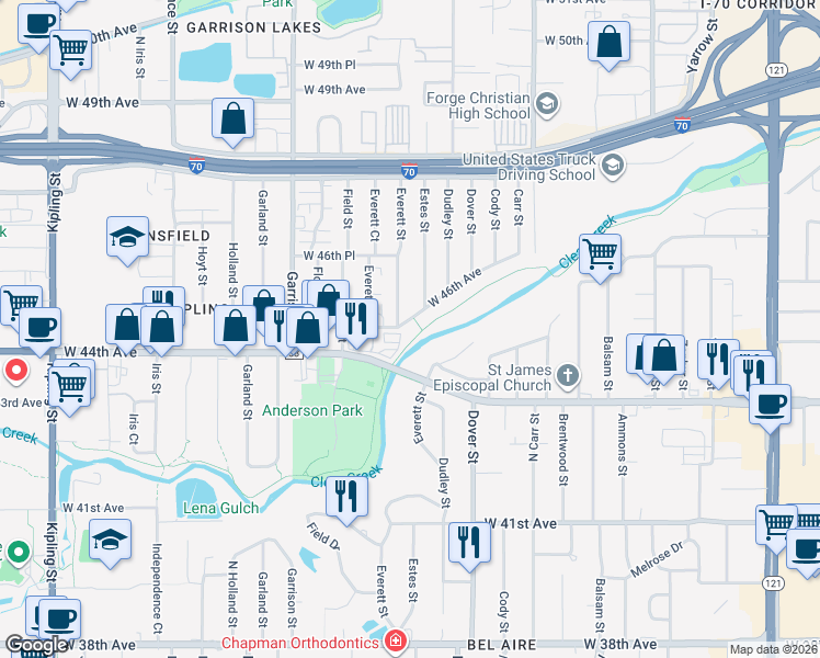 map of restaurants, bars, coffee shops, grocery stores, and more near 8784 West 46th Avenue in Wheat Ridge