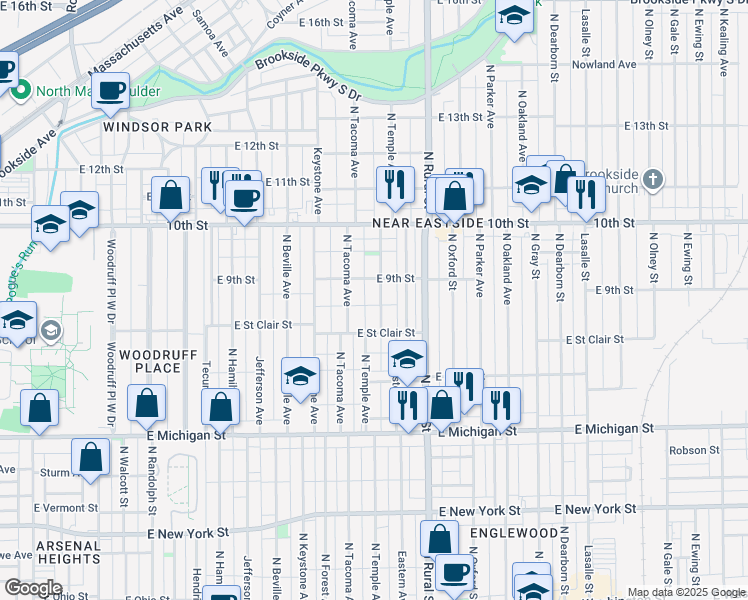 map of restaurants, bars, coffee shops, grocery stores, and more near 838 North Temple Avenue in Indianapolis
