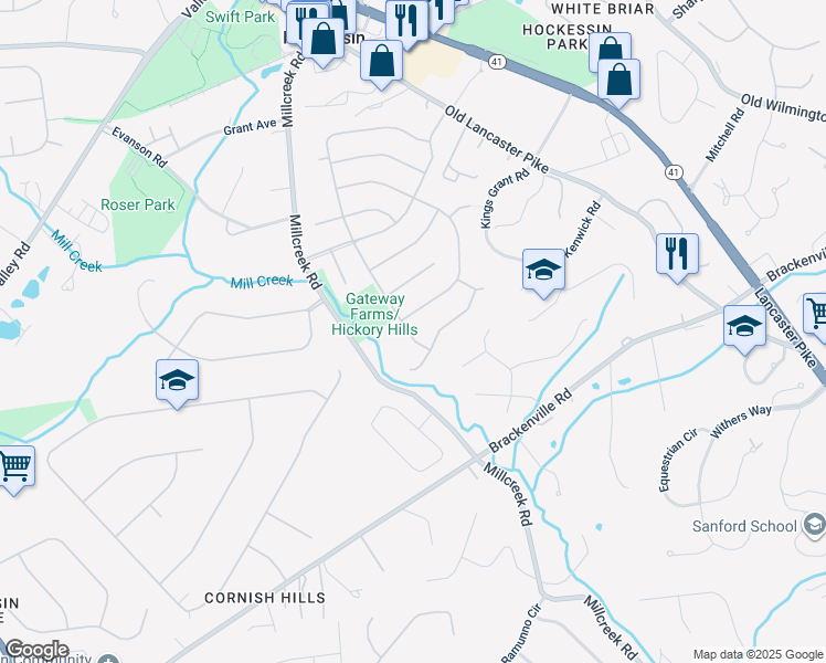 map of restaurants, bars, coffee shops, grocery stores, and more near 504 Hemingway Drive in Hockessin