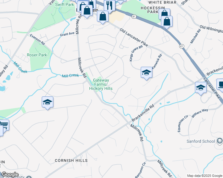 map of restaurants, bars, coffee shops, grocery stores, and more near 504 Hemingway Drive in Hockessin