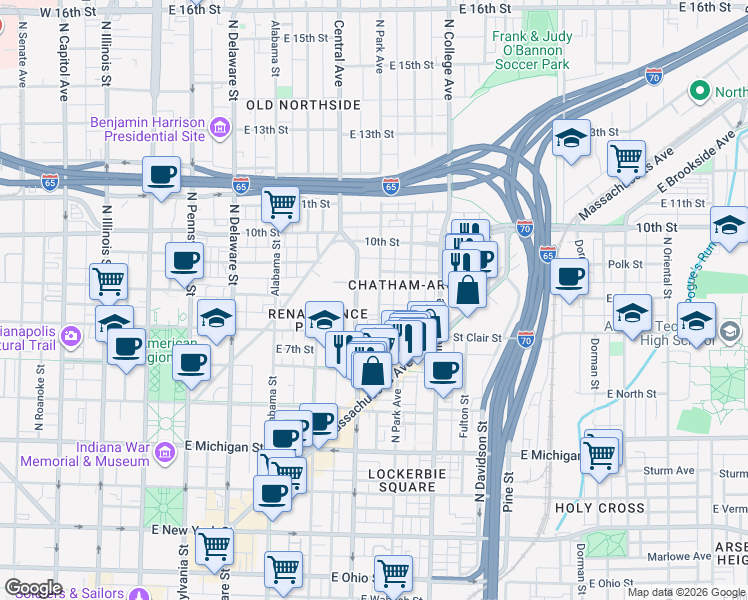map of restaurants, bars, coffee shops, grocery stores, and more near 812 North Park Avenue in Indianapolis