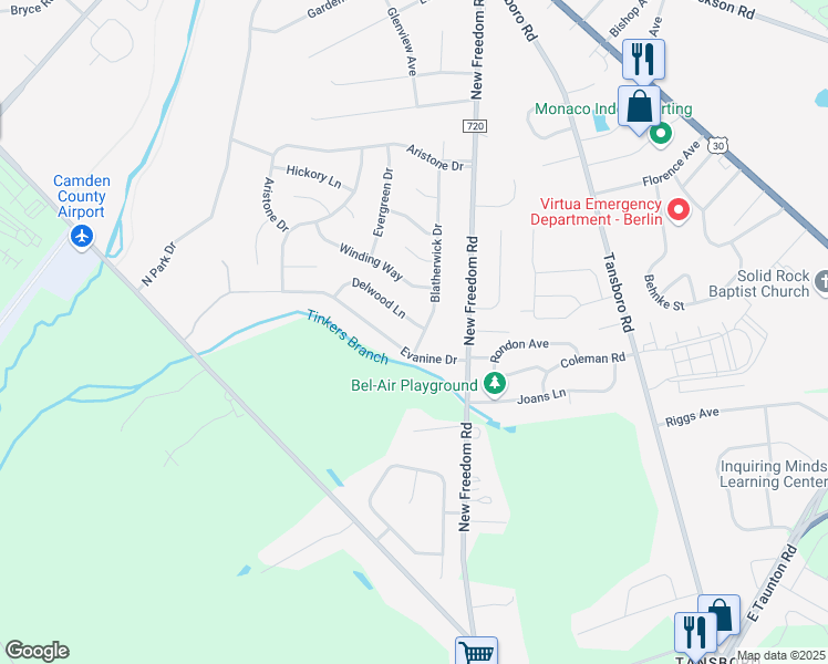 map of restaurants, bars, coffee shops, grocery stores, and more near 1 Delwood Lane in Berlin