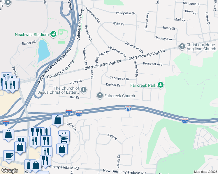 map of restaurants, bars, coffee shops, grocery stores, and more near 492 Kreider Drive in Fairborn