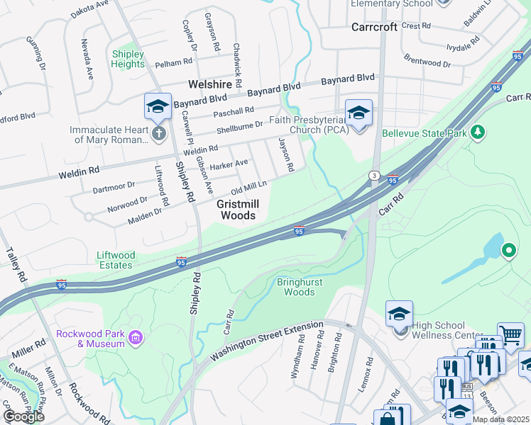 map of restaurants, bars, coffee shops, grocery stores, and more near 23 Gristmill Court in Wilmington