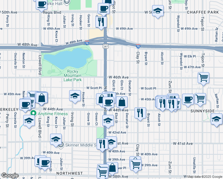 map of restaurants, bars, coffee shops, grocery stores, and more near 4501 Eliot Street in Denver