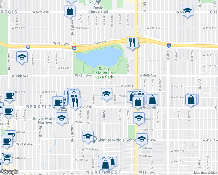 map of restaurants, bars, coffee shops, grocery stores, and more near 4525 Hooker Street in Denver