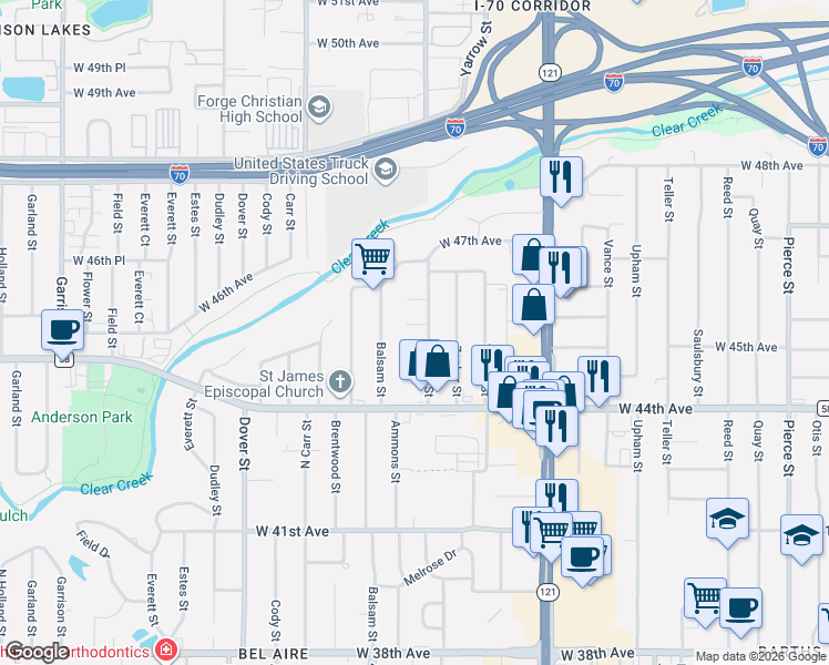 map of restaurants, bars, coffee shops, grocery stores, and more near 8065 West 45th Avenue in Wheat Ridge