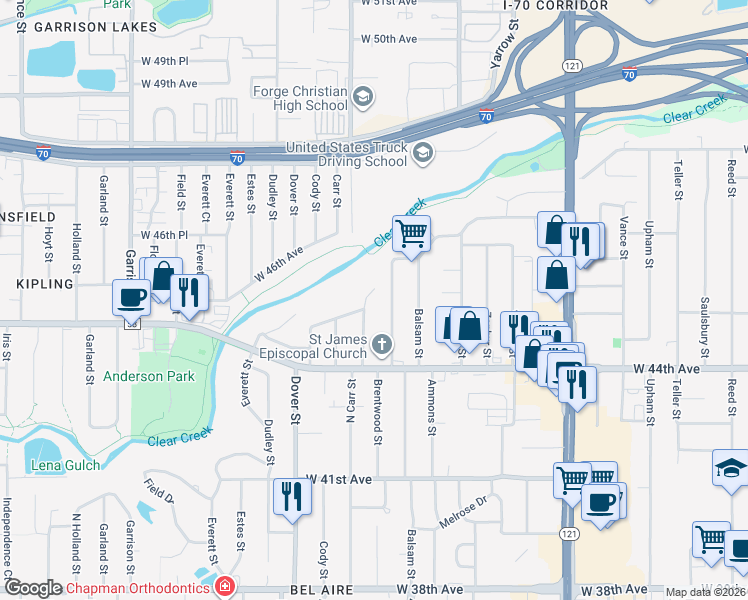 map of restaurants, bars, coffee shops, grocery stores, and more near 4490 Carr Street in Wheat Ridge