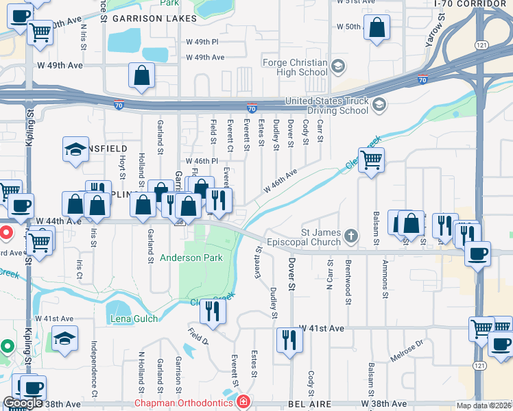 map of restaurants, bars, coffee shops, grocery stores, and more near 8784 West 46th Avenue in Wheat Ridge