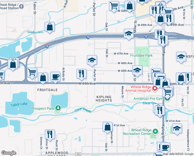 map of restaurants, bars, coffee shops, grocery stores, and more near 10913 West 44th Avenue in Wheat Ridge