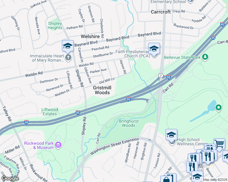 map of restaurants, bars, coffee shops, grocery stores, and more near 23 Gristmill Court in Wilmington