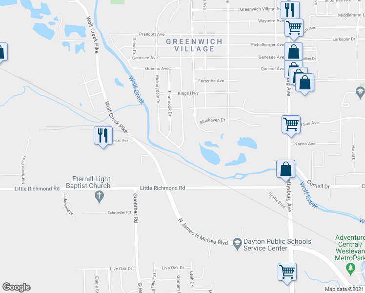 map of restaurants, bars, coffee shops, grocery stores, and more near 4827 West Riverview Avenue in Dayton