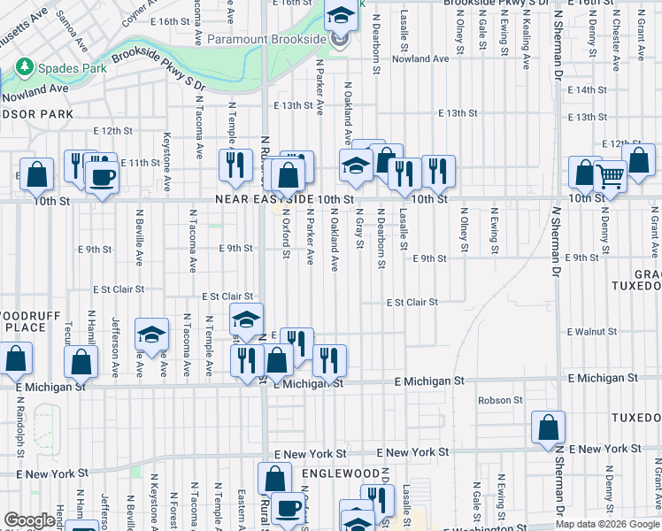 map of restaurants, bars, coffee shops, grocery stores, and more near 824 North Oakland Avenue in Indianapolis