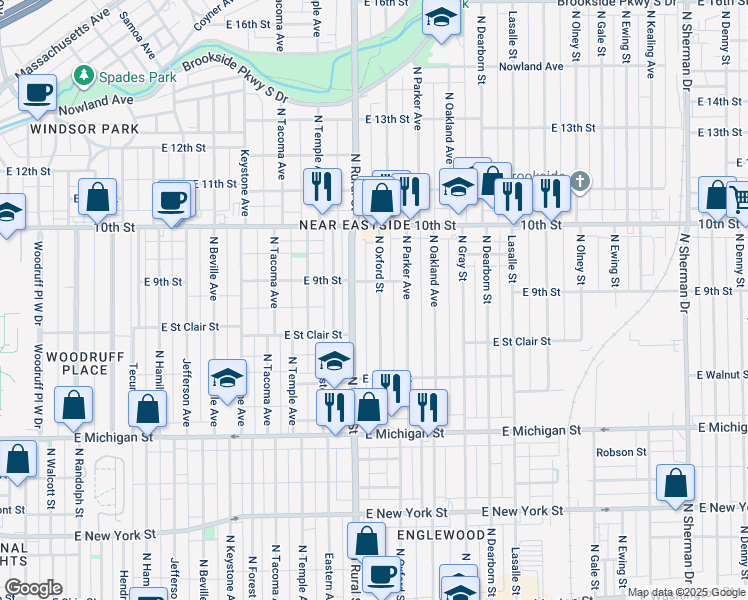 map of restaurants, bars, coffee shops, grocery stores, and more near 821 North Oxford Street in Indianapolis