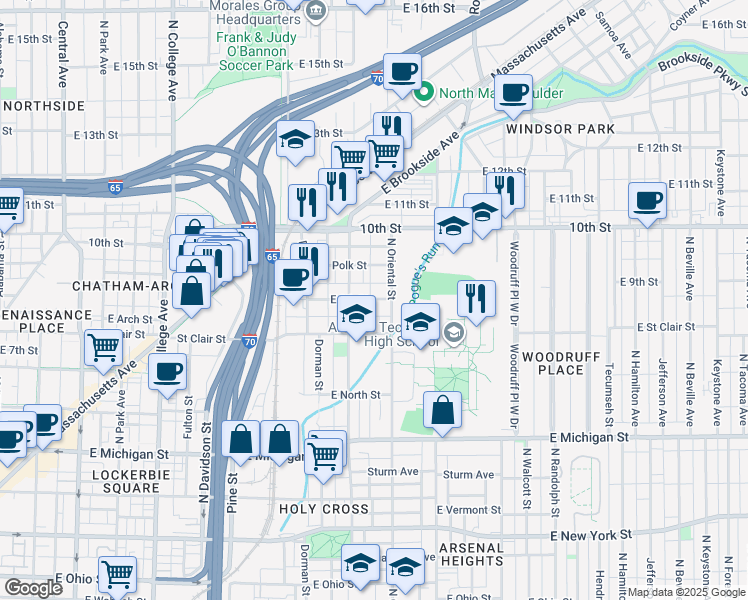 map of restaurants, bars, coffee shops, grocery stores, and more near 1301 East 9th Street in Indianapolis