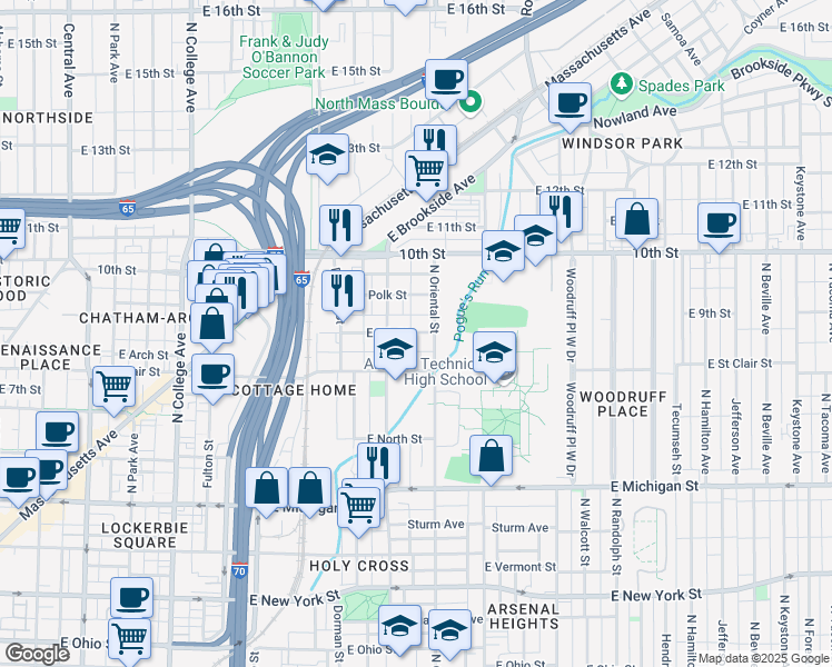 map of restaurants, bars, coffee shops, grocery stores, and more near 1319 East 9th Street in Indianapolis