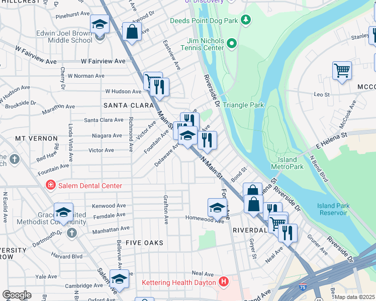 map of restaurants, bars, coffee shops, grocery stores, and more near 1721 North Main Street in Dayton