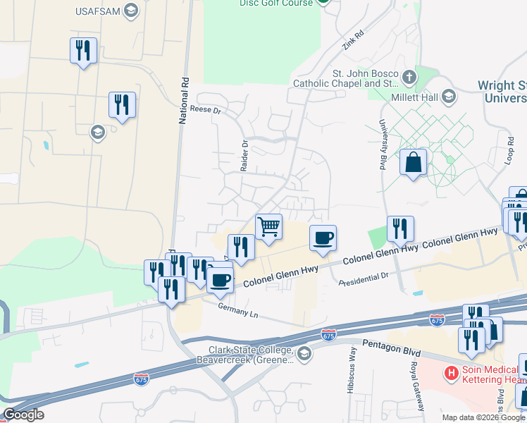 map of restaurants, bars, coffee shops, grocery stores, and more near 1502 Sanzon Drive in Fairborn