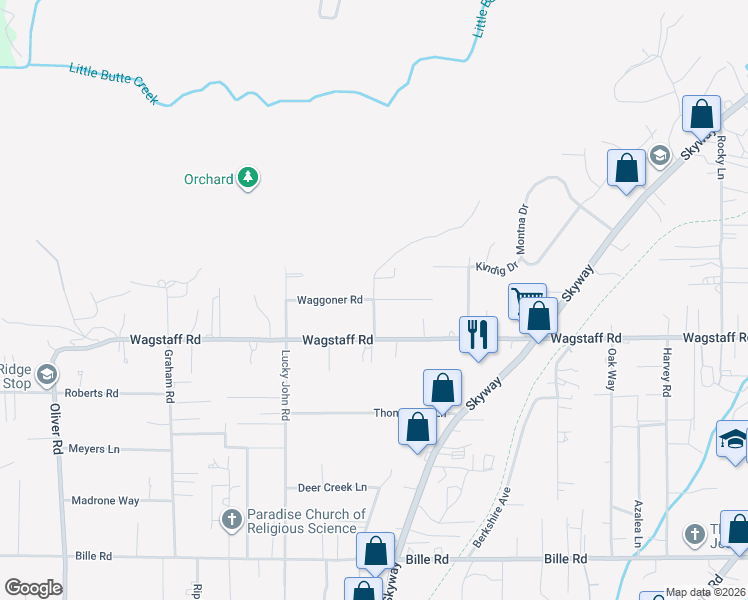map of restaurants, bars, coffee shops, grocery stores, and more near 952 Waggoner Road in Paradise