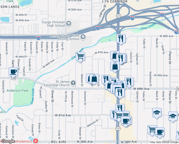 map of restaurants, bars, coffee shops, grocery stores, and more near 8065 West 45th Avenue in Wheat Ridge