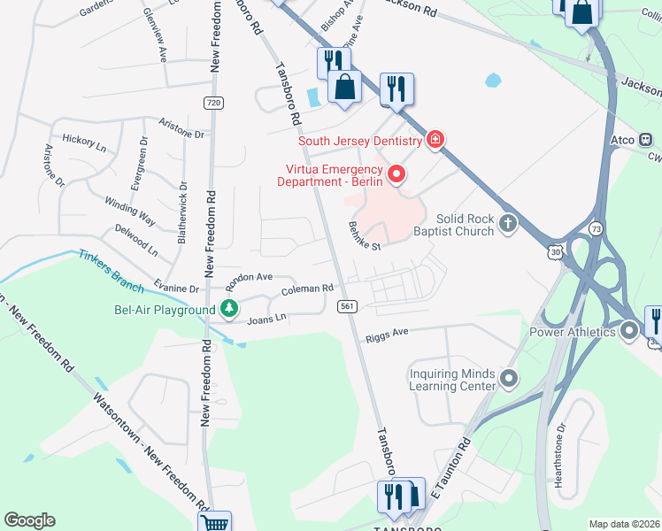 map of restaurants, bars, coffee shops, grocery stores, and more near 6 Coleman Road in Berlin