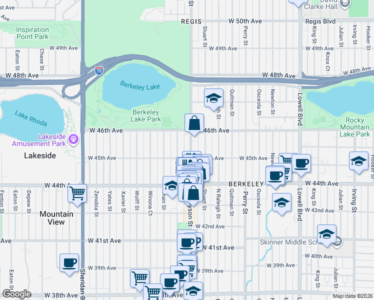 map of restaurants, bars, coffee shops, grocery stores, and more near 4502 Utica Street in Denver